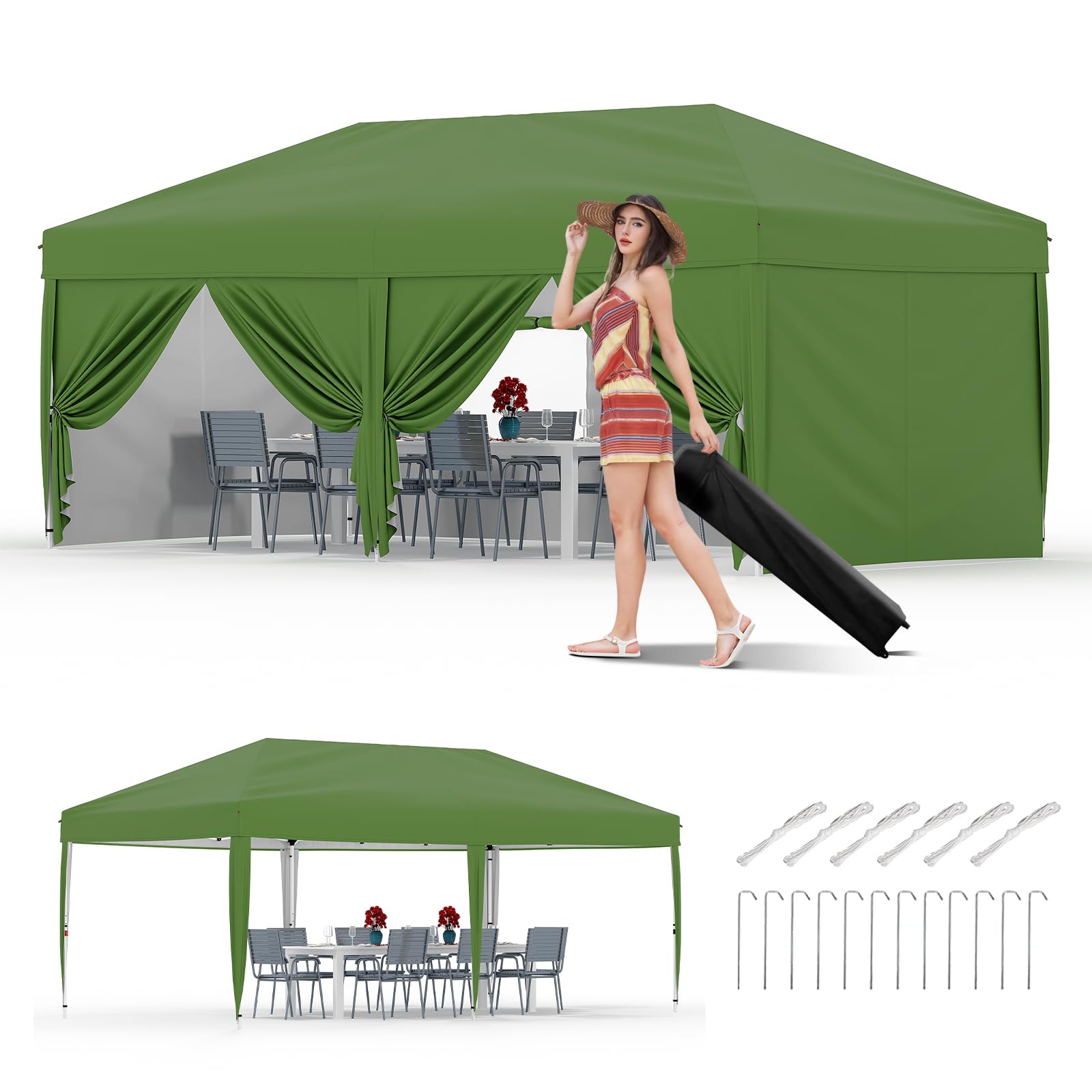 Photo 1 of 10x20 Pop Up Canopy with 6 Sidewalls - Heavy Duty Outdoor Canopy Tent with Portable Roller Bag - 3 Adjustable Height, 4 Weight Bags, 8 Stakes & 6 Guy Ropes Included, Green
