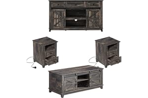 LUXOAK 4 Pieces Farmhouse Living Room Table Sets - Includes 59" Sliding Barn Door TV Stand for 65 in TV, Rustic Coffee Table with Storage, End Tables Set of 2 with Charging Station, Dark Rustic Oak
