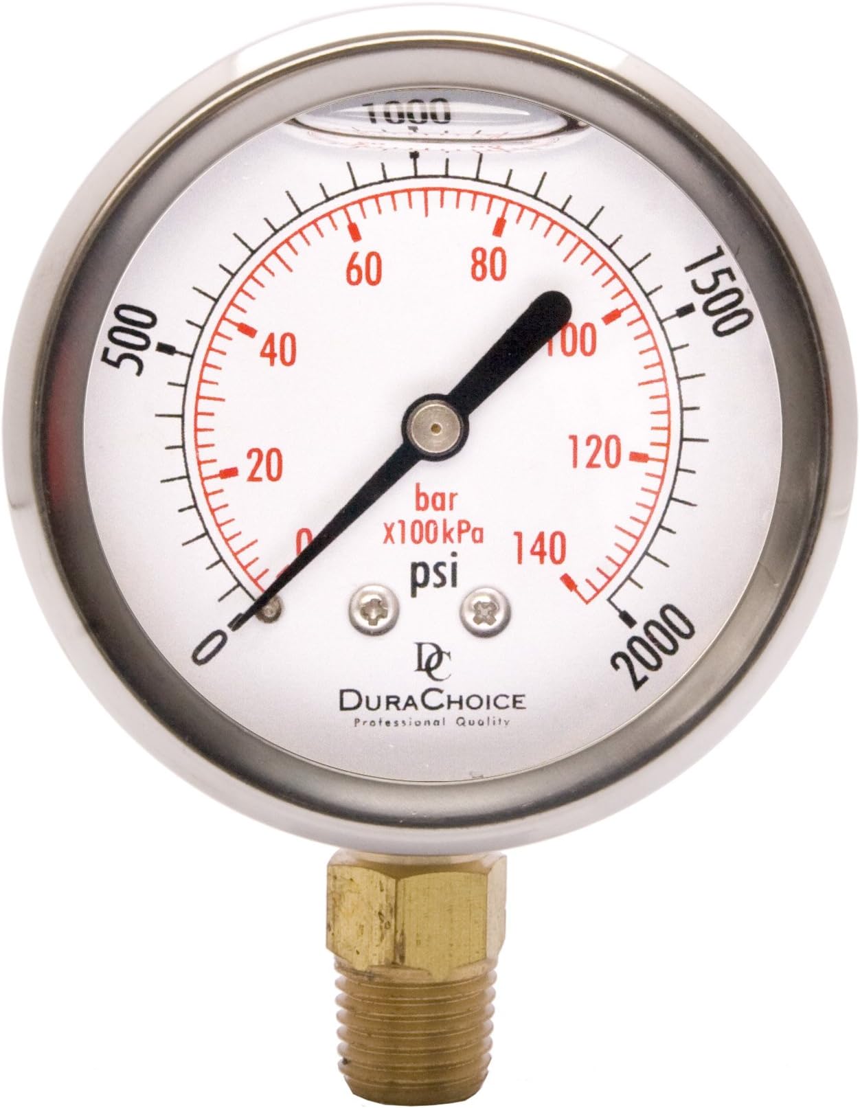 DuraChoice 2-1/2" Oil Filled Pressure Gauge - Stainless Steel Case, Brass, 1/4" NPT, Lower Mount Connection 0-2000PSI
