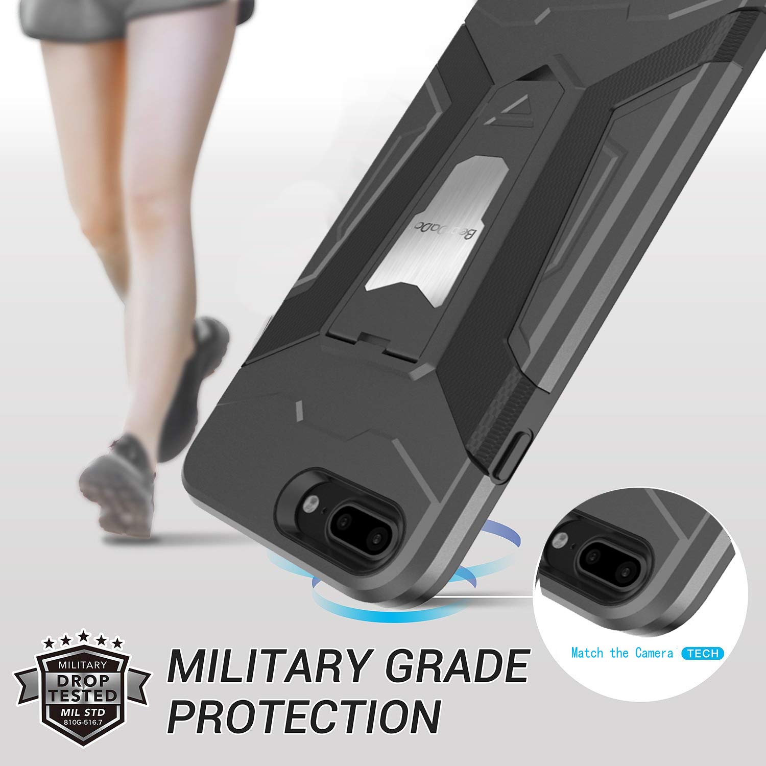 iPhone 7 Case, Queen Forever 360 Full Body Protection Hard Slim Case Coated Non Slip Matte Surface with Tempered Glass Screen Protector for Apple iPhone 7 8 Plus