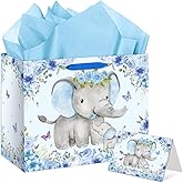 Large Elephant Gift Bag Blue Baby Shower Paper Bag for Boys with Tissue Paper Card Elephant Theme Baby Shower Decorations for Baby Boy Birthday Party Gender Reveal Favors Decor Supplies