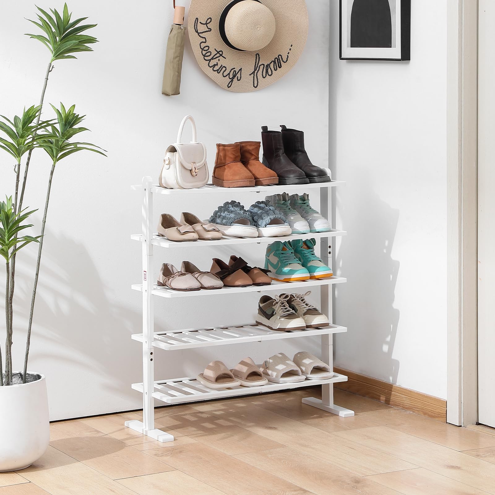 Photo 1 of White Shoe Rack, 5-Tier Bamboo Shoe Rack Organizer for Closet and Entryway, Thick Wooden Free Standing Shoe Shelf for Small Spaces, Sturdy & Versatile for Bedroom and Garage