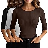 Huukeay 3 Pack Women's Ribbed 3/4 Sleeve Shirts, Scoop Neck Slim Fit Tops Summer Stretchy Casual Base Layer Basic Tee Blouses