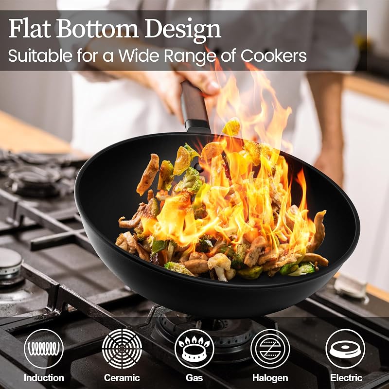 33cm/13inch Premium Wokpfanne mit Glasdeckel - Kohlenstoffstahl Wok ohne chemische Beschichtung, Ideal für Asiatische Küche, Induktionstauglich für Gasherd, Elektro- und Ceranfeld — Foto 3 von 7