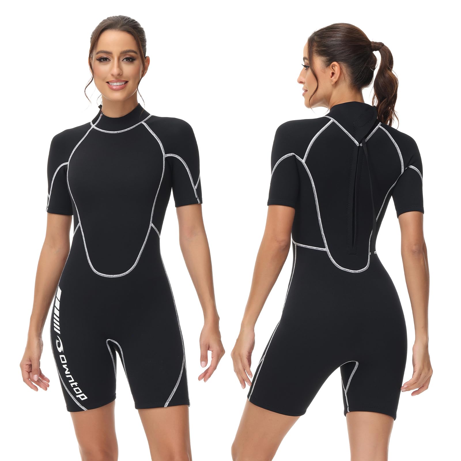 Owntop 3/2mm Shorty Wetsuit Women - Back Zip Wet Suit for Diving Surfing, Short Sleeve Diving Suits Stretch Neoprene for Water Sports, Women Black L
