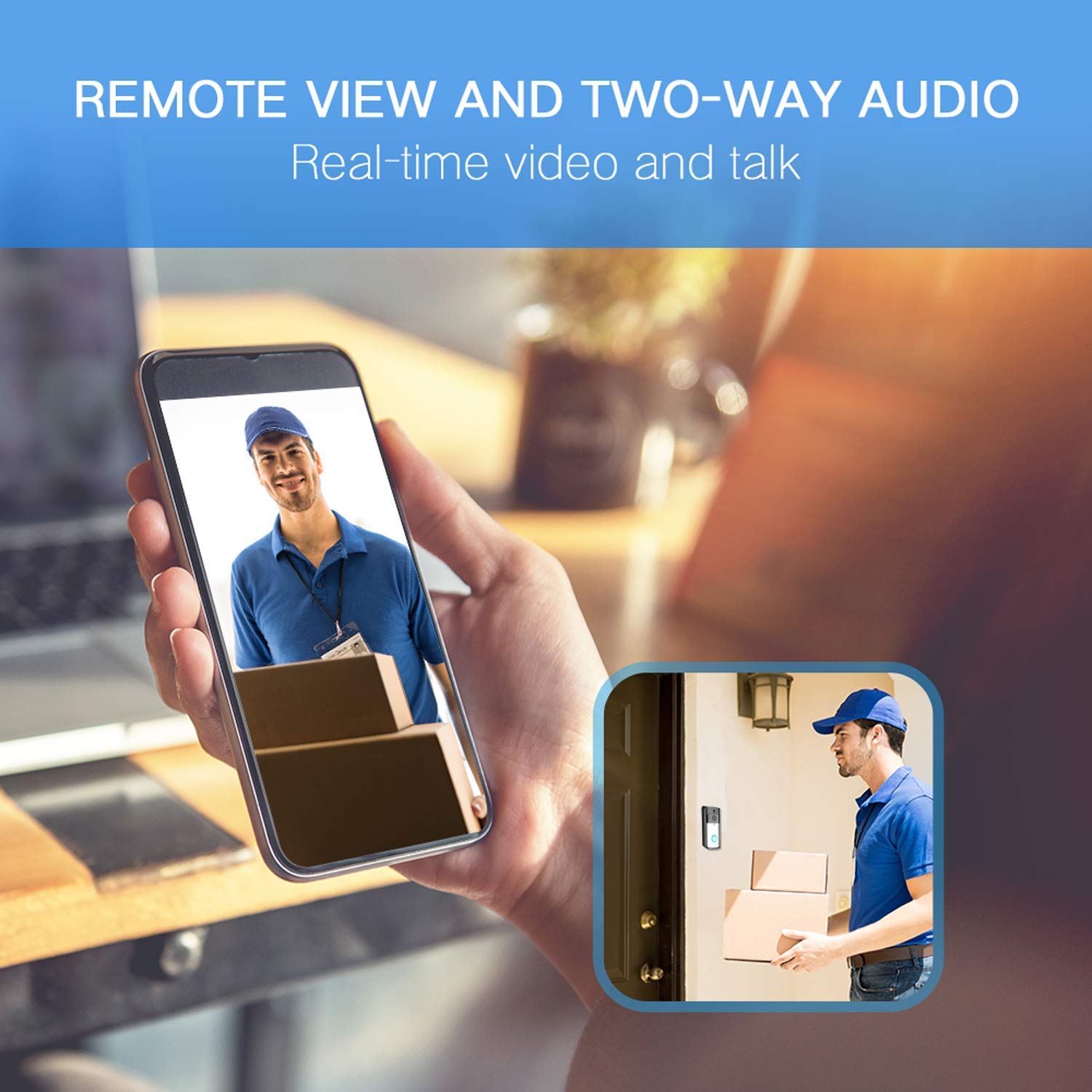 WiFi Video Doorbell with LED Ring HD Battery or AC Power PIR Detection Two-Way Audio Talk Notification/Alert on Phone Motion Detect Recording on SD Card or Cloud