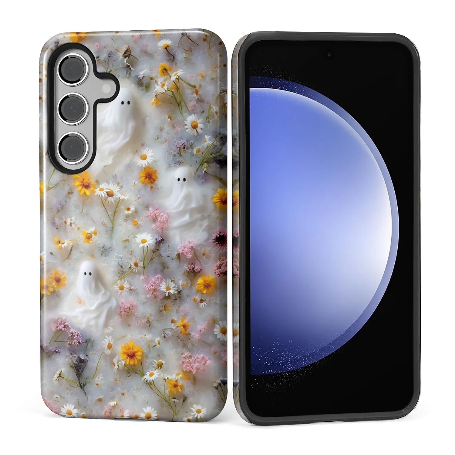 ZHEGAILIAN Case for Samsung Galaxy S25,Shockproof Hard Shell + Soft Silicone 2 in 1 Hybrid,Shockproof Bumper Drop Protective - Ghost Floral Halloween