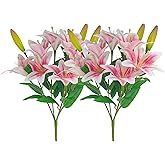 ATFL Artifical Lily Flowers 18 Heads, 5 Forks Long Stem Faux Fake Tiger Lily Flower Bouquets for Home Hotel Office Party Decor Table Centerpieces (2, Light Pink)