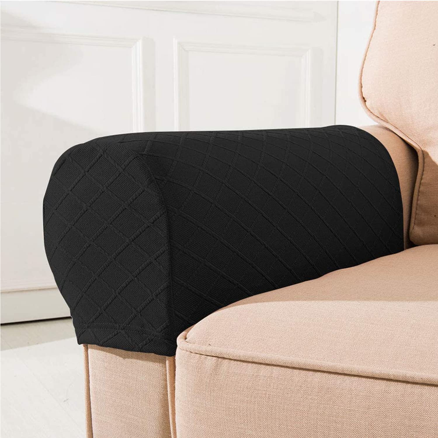 NEKOSUKI Arm Rest Covers, Set of 2 Stretch Diamond Pattern Armchair Couch Stretch Armrest Chair Covers for Furniture Protector, Anti-Slip Sofa Chair Arm Caps Spandex Polyester Slipcovers (Black)