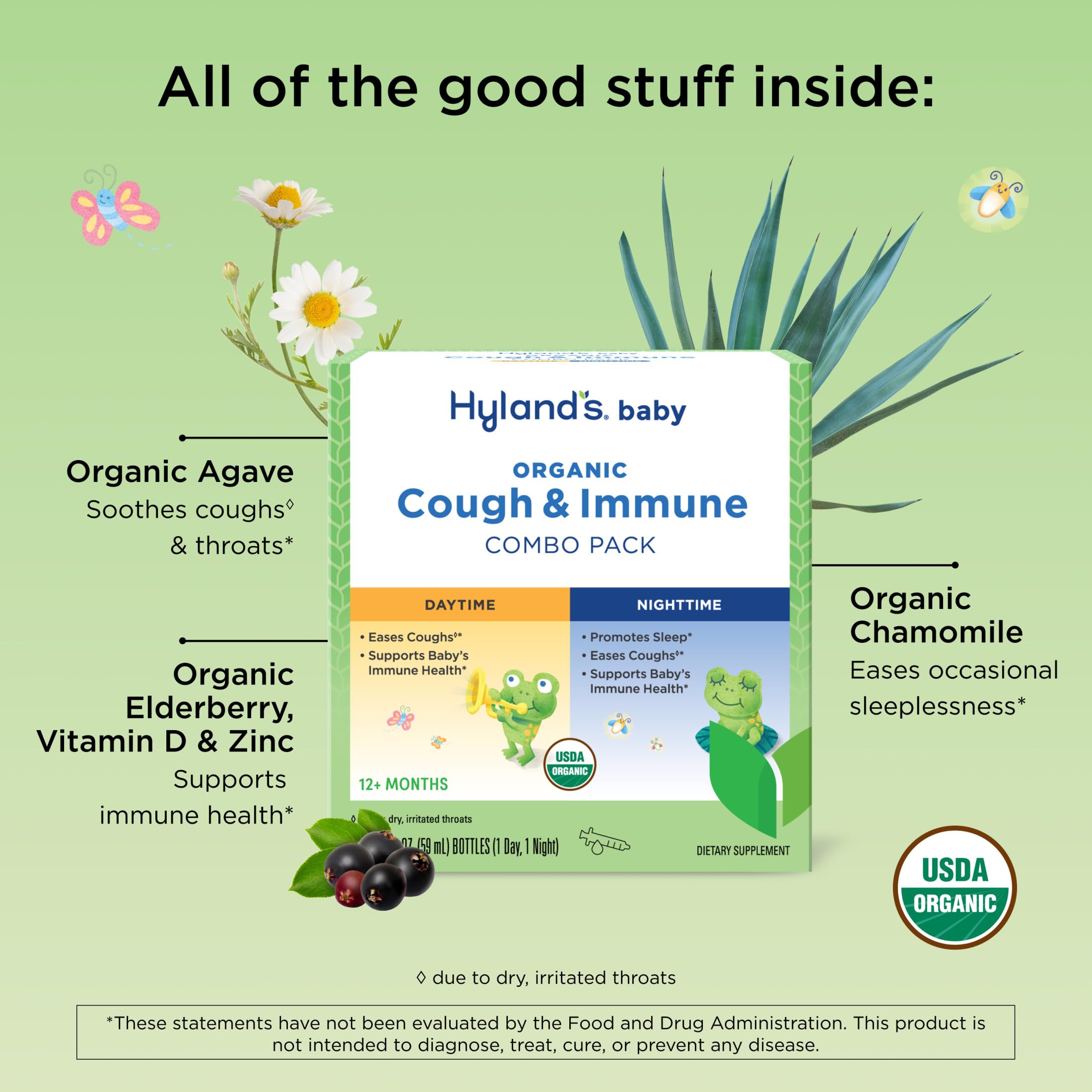 Hyland's Baby Organic Cough Syrup and Immune Support Day and Night Combo Pack, Eases Coughs, Supports Immunity, Promotes Sleep, Two 2 Fl Oz. Bottles (4 fl oz)