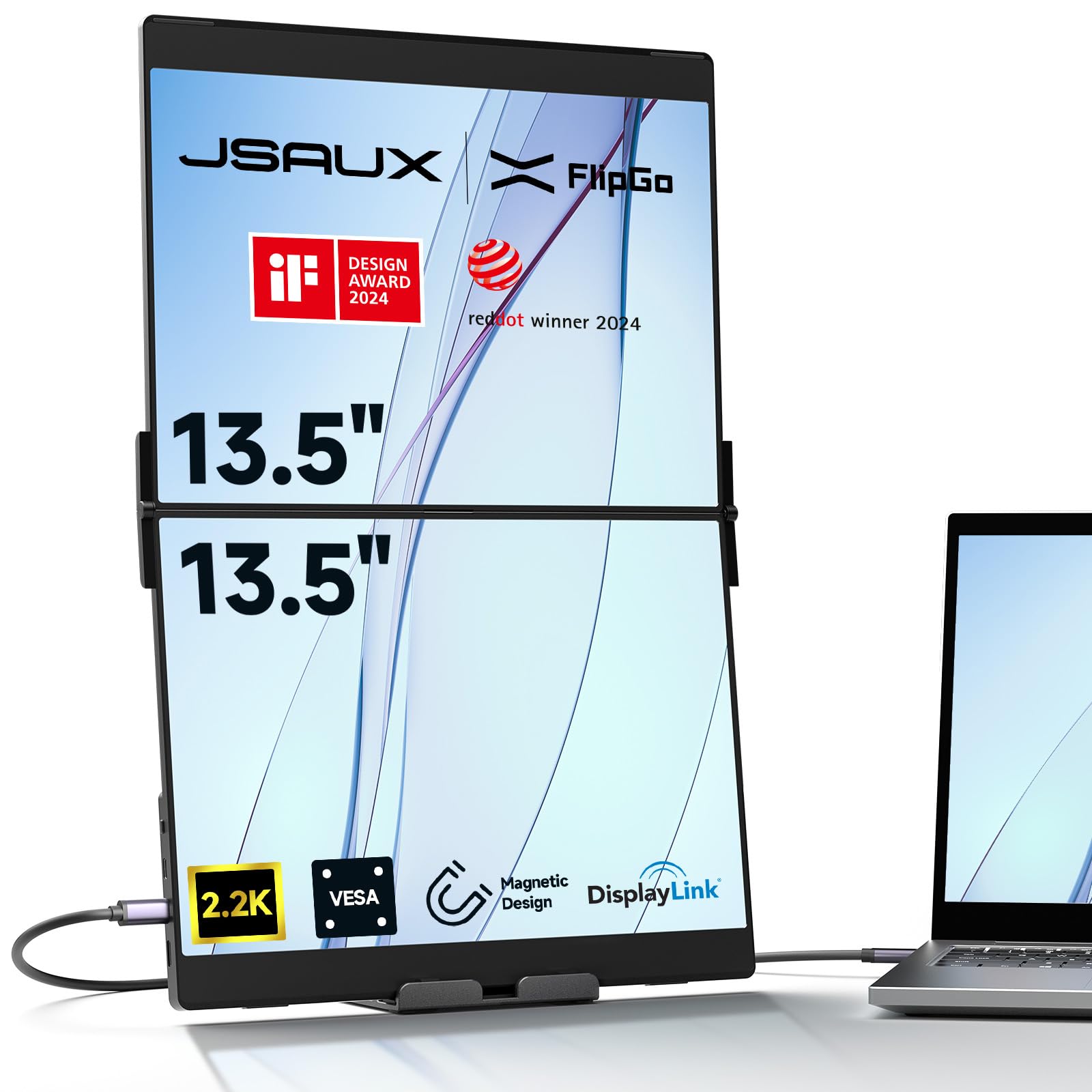 Photo 1 of JSAUX FlipGo 13.5" Pro 2.2K Dual Screen Portable Monitor, Triple Laptop Screen Extender | DisplayLink | HiDPI | One Cable to Dual IPS Screen | Built-in HUB | Magnetic Design for Windows, Linux, MacOS