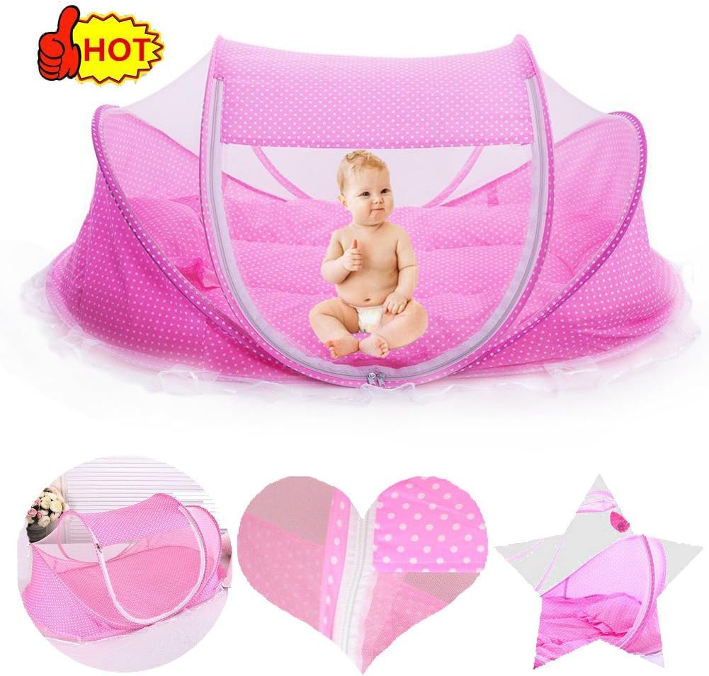 SMELOV ® Foldable Baby Travel Crib with Mosquito Net Not Need Installed,Baby Travel Cot Portable Baby Crib Mosquito Net Portable Baby Cots for 0-3 Years Old Baby,Pink