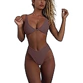 geluboao Bikini Set for Women Solid V Neck Knot Front Push Up High Leg Thong Two Piece Swimsuit