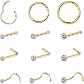 AccGin 10-12Pcs 18G 20G Nose Rings Studs Hinged Hoop Nose Ring for Women Men Corkscrew Bone L Shaped Nose Studs Hypoallergenic 316L Surgical Steel Nose Piercings Jewelry Small Silver Gold