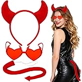 Sofeavo Devil Costume Accessories Women Man- Red Devil Horns Headband, Tail, Heart Sunglasses - Demon Horns Halloween Cosplay Costume Photo Props Party Hairband