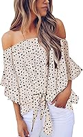 Asvivid Women's Striped Off Shoulder Bell Sleeve Shirt Tie Knot Casual Blouses Tops