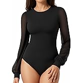 MANGOPOP Women’s Sheer Mesh Puff Long Sleeve Bodysuit Double Lined Crew Neck Thong Body Suits Trendy Fall Tops 2025