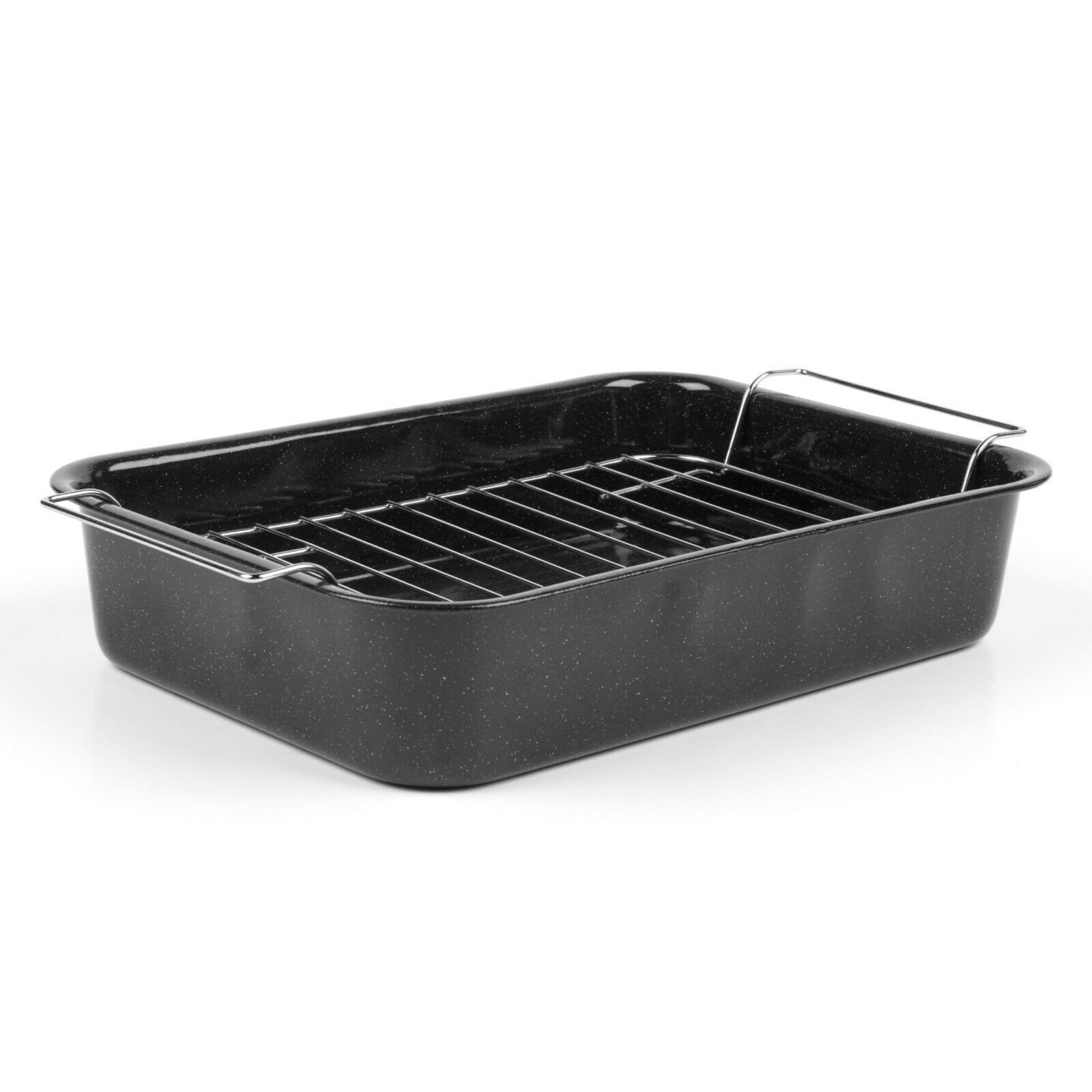 Russell Hobbs CW9161 Romano 34 cm Roaster - Vitreous Enamel Deep Baking Pan with Rack, Durable Steel Ovenware, Grilling Rack, Easy to Clean, Rectangular Oven Dish, Dishwasher Safe, Black