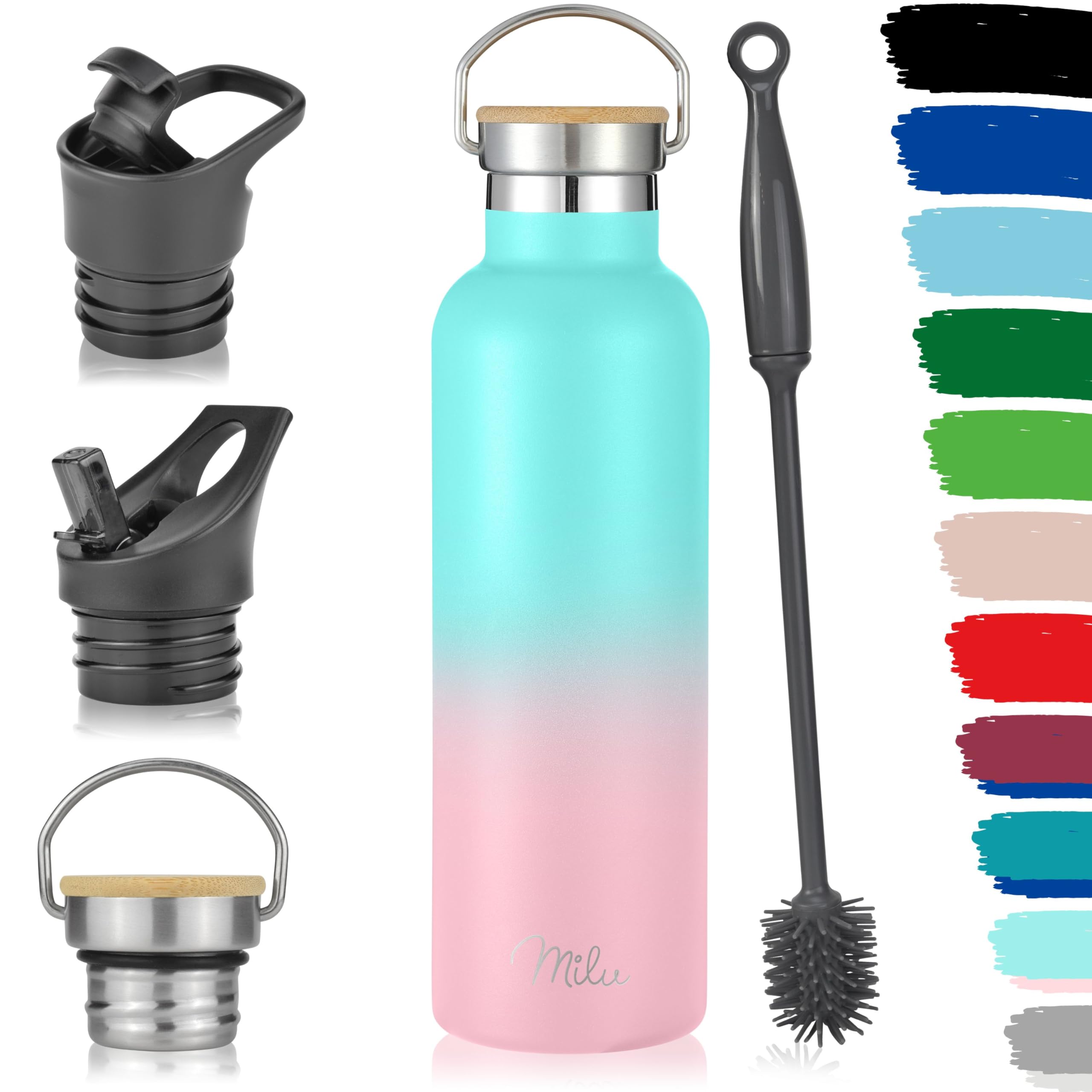 Milu Stainless Steel Drinking Bottle 350ml, 500ml, 750ml, 1l (+3 Lids) - Thermo Bottle with Straw, Water Bottle, for Hot, Cold & Carbonated Drinks (Mint Pink, 750ml)