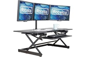 Rocelco 46" Large Height Adjustable Standing Desk Converter - Quick Sit Stand Up Triple Monitor Riser - Tall Gas Spring Assist Computer Workstation - Retractable Keyboard Tray - Black (R DADRB-46)