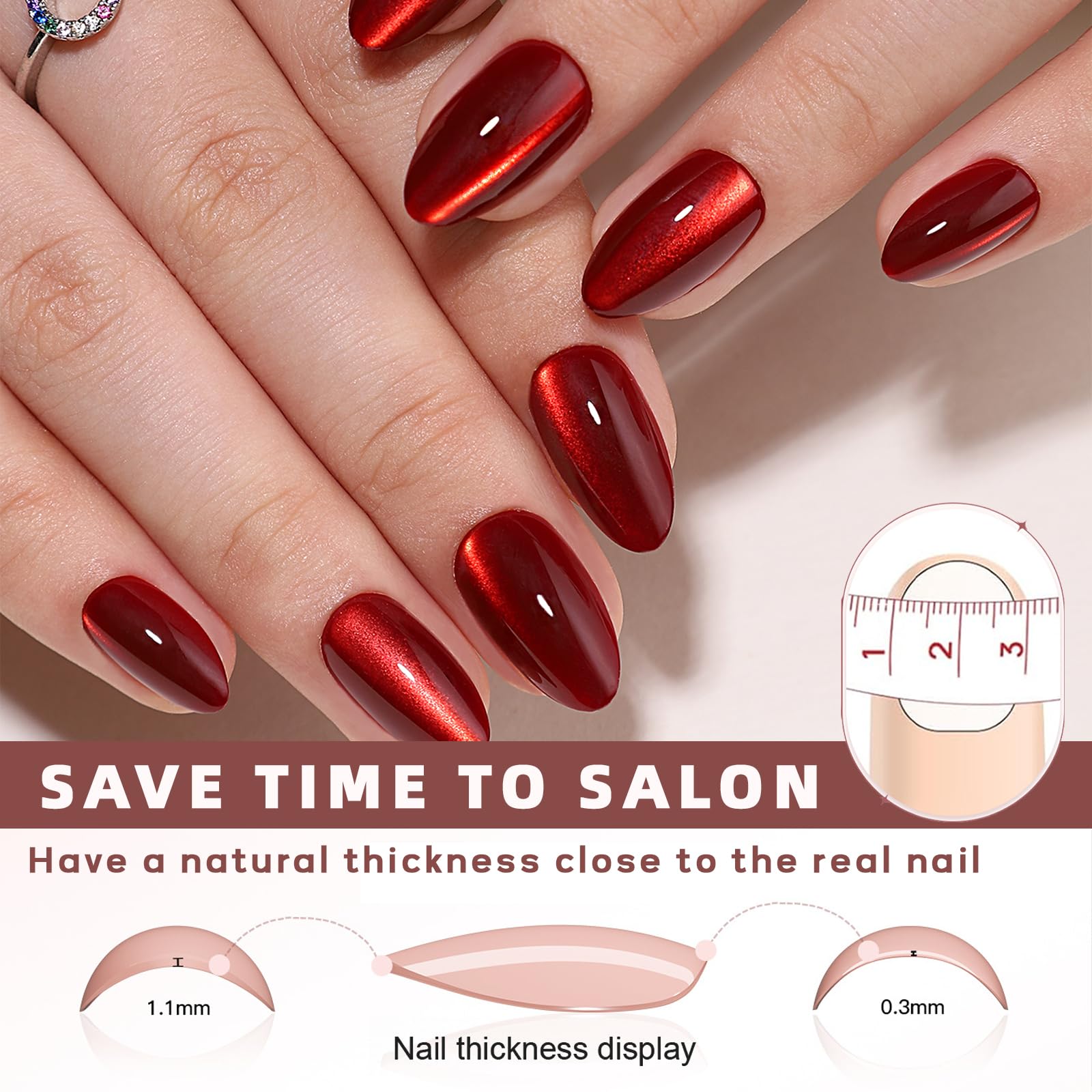 CUZIAM Red Magnet Cat Eyes Press on Nails Short Almond, Aurora Mirror Red Soft Gel Stick on Nails with Nail Glue, 32pcs 16 Sizes Glossy Glitter Reusable Nails for Her Cat Eye Red - Image 5