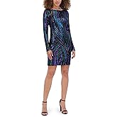 Siena Womens Long Sleeve Boat Neck Sequin Mesh Mini Dress