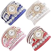 CdyBox Fashion Women Lady Analog Quartz Rhinestone Watch Bracelet Winding Wrap Wristwatches (4 Pack)