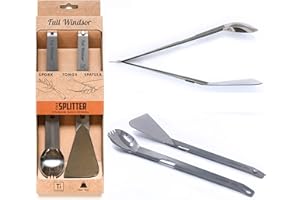 FULL WINDSOR - The Splitter Titanium Multi-Utensil Set – Compact, Lightweight Silver Spork, Tongs, Spatula & Ladle – Durable Cooking Kit for Camping, BBQ, Backpacking, Travel & Outdoor Adventures