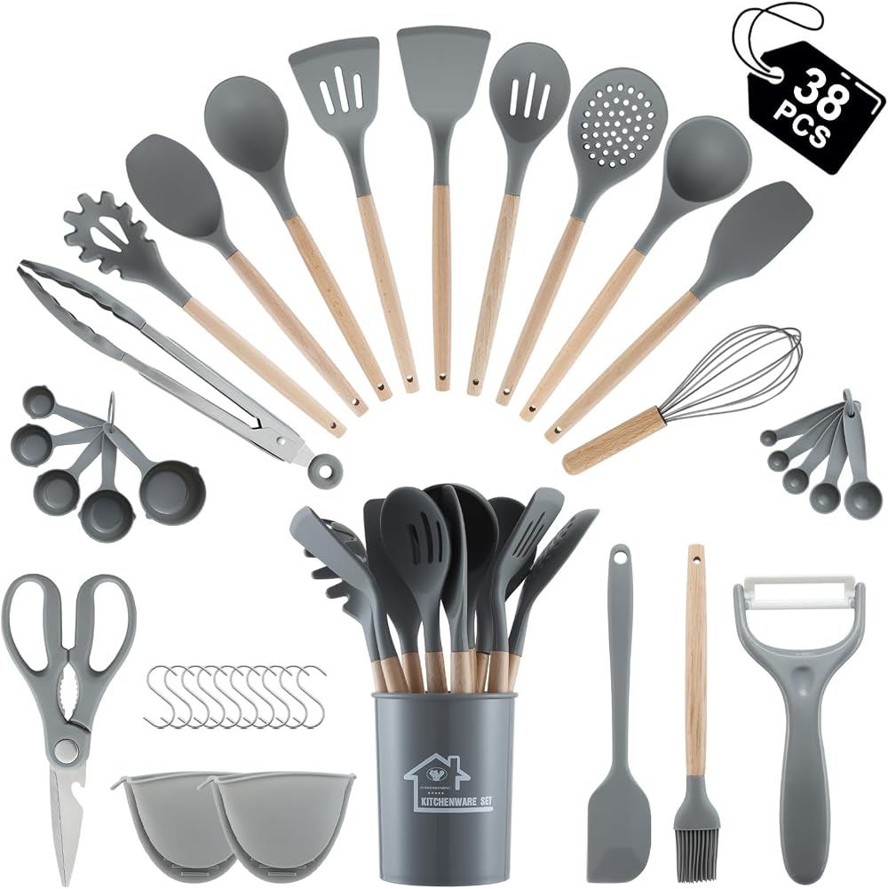 BEWOS 38-Piece Silicone Kitchen Utensils Set with Wooden Handles Grey