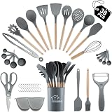 BEWOS 38-Piece Silicone Kitchen Utensils Set with Wooden Handles Grey