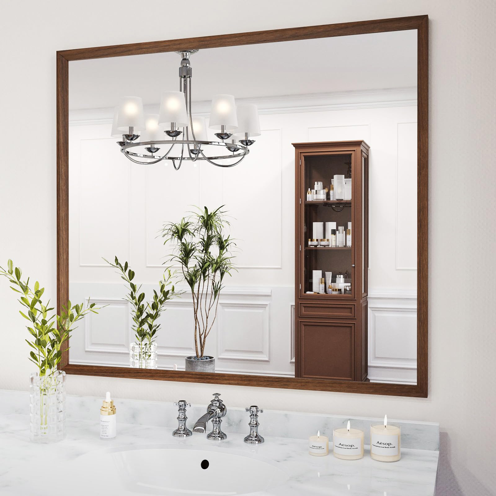 Photo 1 of WEER Walnut Bathroom Mirror, Walnut Framed Mirror 40X36 Inch, Rectangle Wall Mounted Bathroom Vanity Mirror with Tempered Glass, Hangs Vertically or Horizontally, Anti-Rust