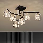 KUSSCO 6-Light Modern Sputnik Ceiling Light Fixture Farmhouse Crystal Semi Flush Mount Ceiling Light Black and Gold Chandelie
