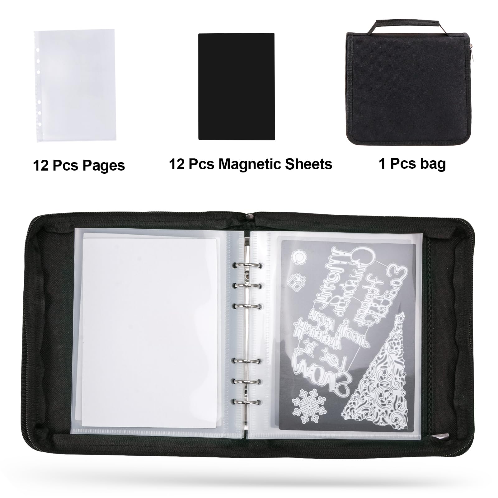 UNIMEIX Magnetic Sheets for Die Storage with Mold Bag, 12 Pcs Stamp and Die Storage Sheets and 12 Pcs Pockets for Card Making Supplies(0.8 mm Thickness) (Black)