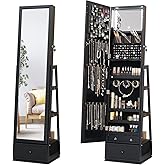 MASMIRE Full Length Mirror Jewelry Cabinet Standing With Built-In Mirror - 63.7”H Jewelry Armoire With Mirror & 3 Drawers, Lockable Storage Mirror With 3 Storage Racks Christmas Gift (Black)