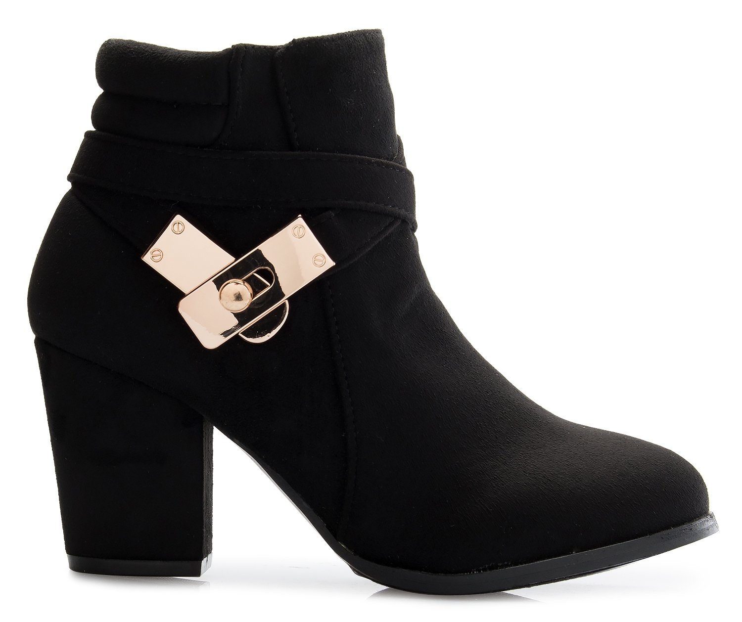 Olivia K Sexy High Stacked Block Heel Ankle Booties with Gold Buckle Decorated - Image 3