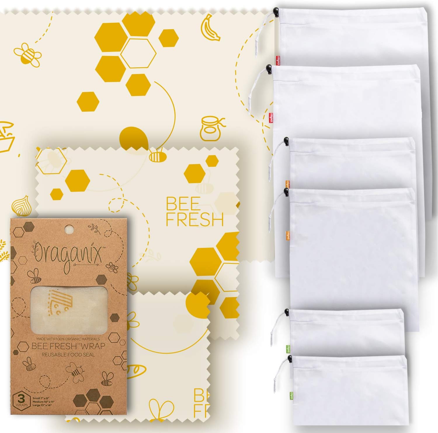 Oraganix Bee Fresh Beeswax Wrap - 3 Assorted Wrap Sizes w/ (6) Mesh Bags, Eco Friendly Reusable Food Wrap, Plastic Free Food Storage