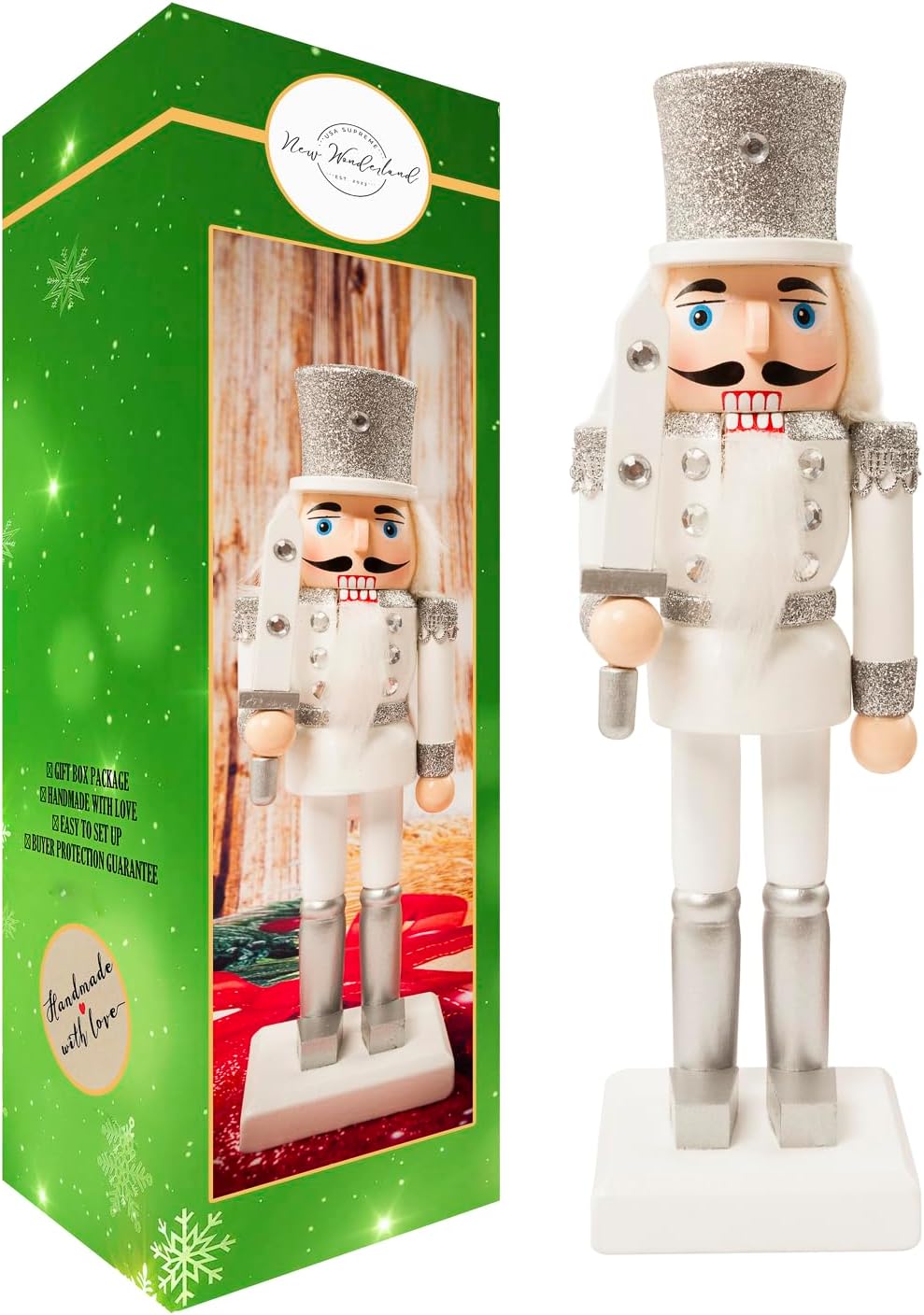 Nutcrackers - USA SUPREME Traditional Christmas Nutcracker Wooden Soldier 10 inches Decorations Gift – Perfect for Christmas Tree, Table Top, and Holidays Dinner Table Décor (Silver_02)