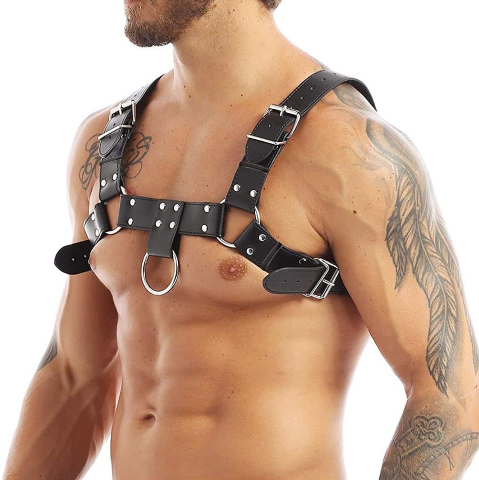 FakeFace Men's Chest Harness Belt Faux Leather Adjustable Shoulder Straps Body Bondage Cage Punk Club Cosplay Costume (Black 1)