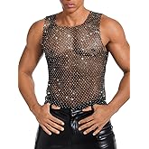 ChiaoLezhee Rhinestones Rave Outfits, Sparkly Mesh Tank Tops, Men's Sexy Sheer Fishnet Shirt for Music Festival