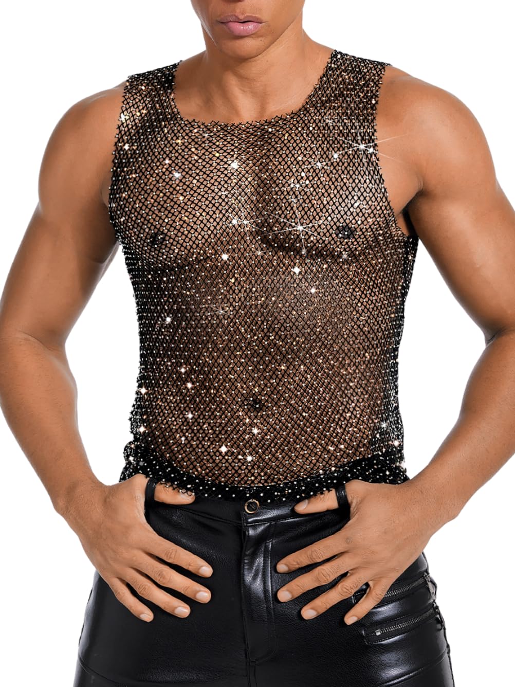 Photo 1 of ChiaoLezhee Rhinestones Rave Outfits, Sparkly Mesh Tank Tops, Men's Sexy Sheer Fishnet Shirt for Music Festival, Crewneck Sleeveless Glitter Going Out Vest Crop Clubwear,Black,Medium