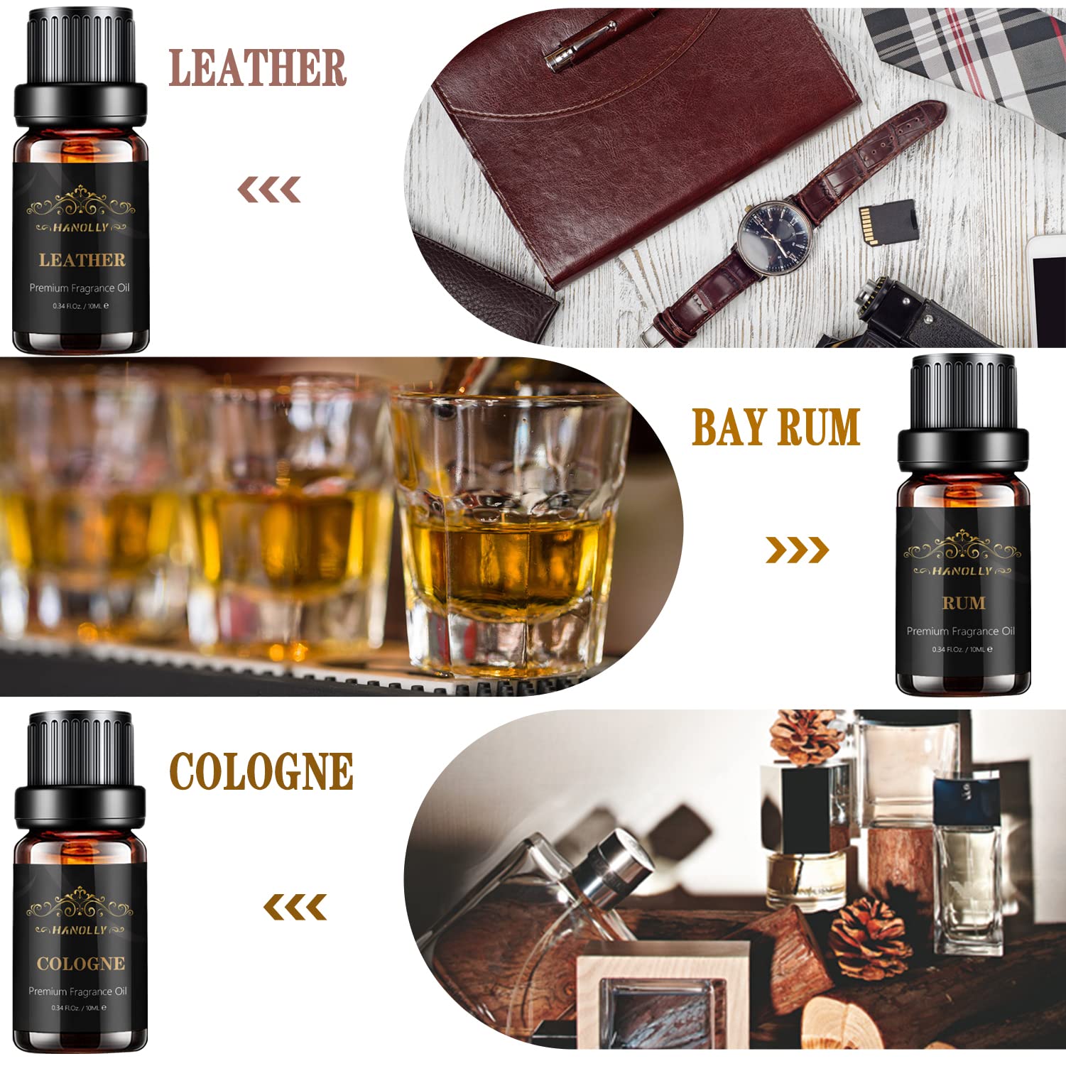Essential Oils Set, Men Scents Fragrance Oil Aromatherapy Essential Oils Kit for Diffuser (6x10ML) - Sandalwood, Cedar, Leather, Sweet Tobacco, Rum, Cologne Aromatherapy Oils for Men, Gift for Men - Image 3