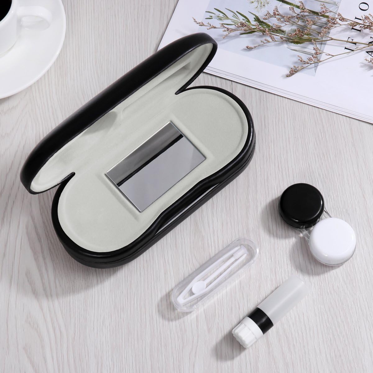 rosenice Portable Double Layer Glasses Box Hard Shell Pu Leather Travel Case with Mirror Tweezers Multipurpose Glasses Organizer for Men Women - Image 5