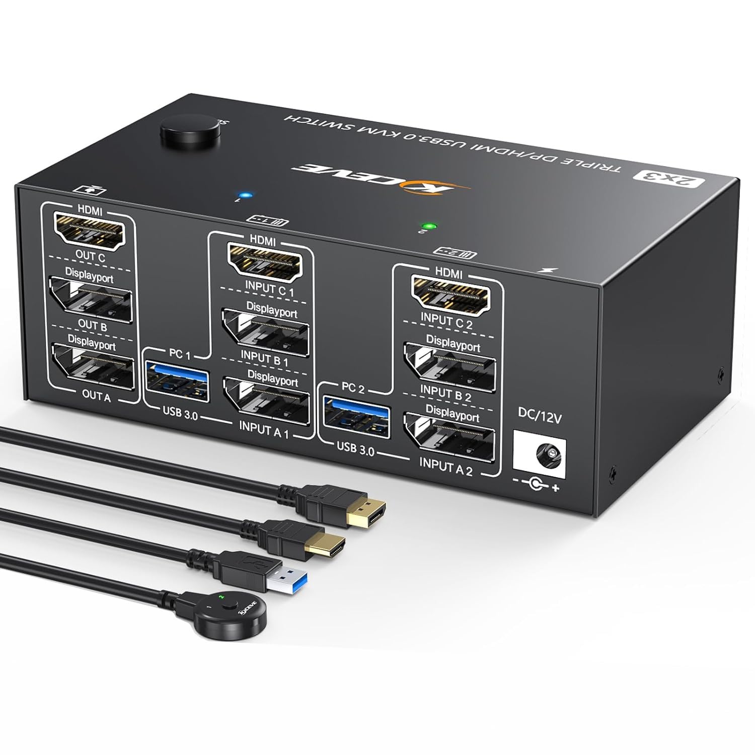 USB 3.0 HDMI + 2 DisplayPort KVM Switch 3 Monitors, 8K@30Hz/4k@144Hz Triple Monitor KVM Switch for 2 Computer Share 3 Display and 4 USB 3.0 Devices. Wired Remote and USB Cables Included