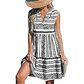 CUPSHE Women's Ruffle Beach Mini Dress Split V Neck A Line Sleeveless Geometric Stripe Tropical Leaf Pattern Summer Dresses
