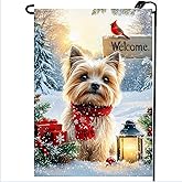 Christmas Yorkie Garden Flags 12x18 Double Sided, Small Burlap Holiday Snow Cardinal Dog Garden Flag Winter Christmas Outdoor Yard Decorations Porch Lawn Flags for Outside