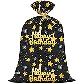Extra Large Birthday Plastic Gift Bags Boys Black and Gold 36x56 Inch Jumbo Black Gift Bag XL Happy Birthday Themed Kids Women Men Party Favors Decorations Golden Star