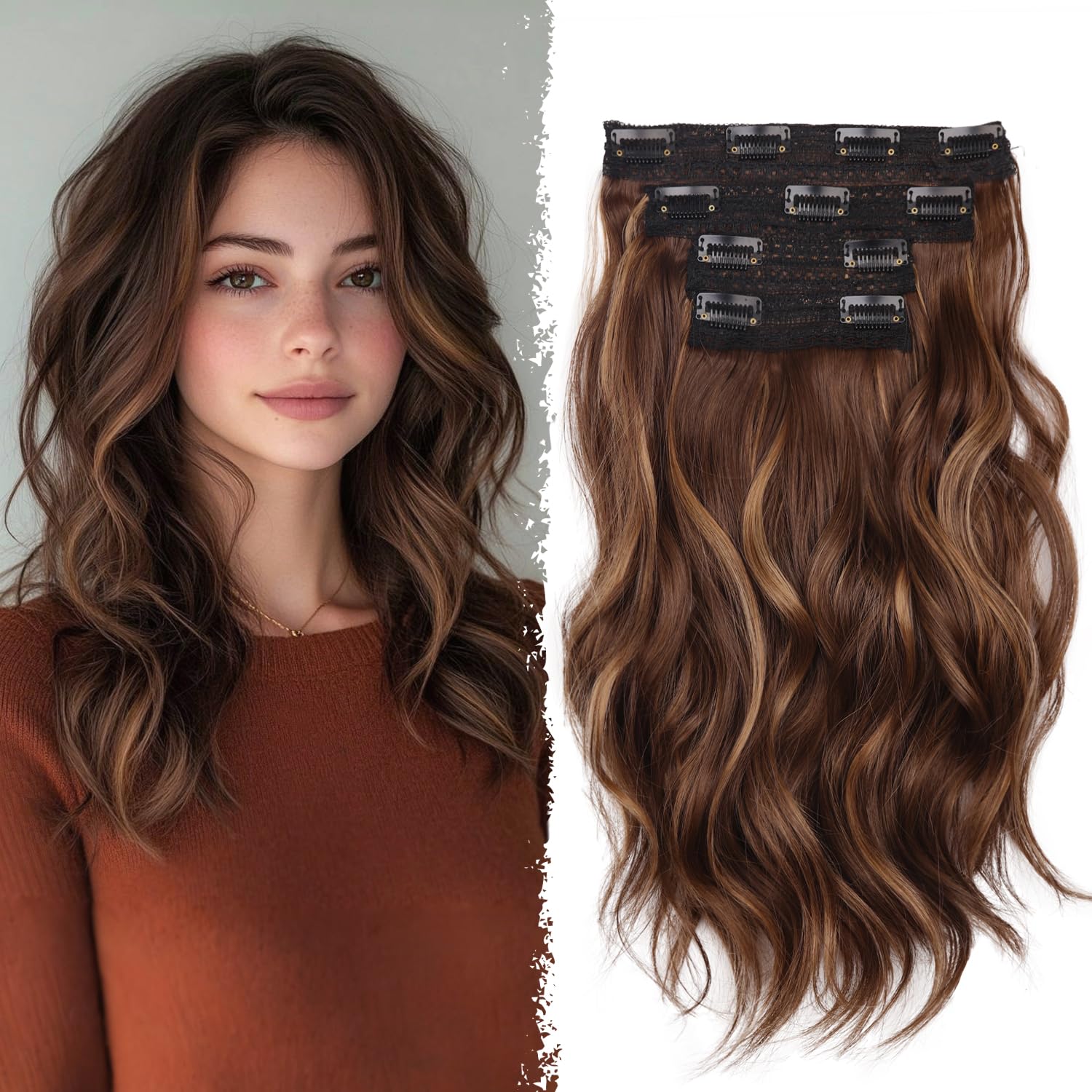 Photo 1 of Clip in Hair Extensions - 14 Inch Wavy Synthetic Hair Extensions Clip ins (Color: Chestnut Brown with Light Brown Highlights)