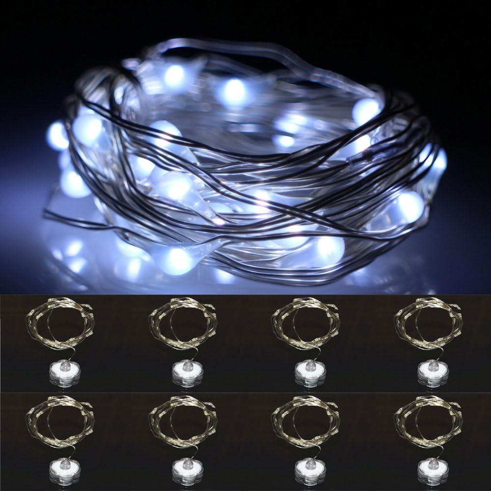 LXINGS Battery Operated Waterproof String Lights 8 Sets of 2M/20 LEDs for Christmas Wedding Party,Amazingly Bright - Ultra-Thin Flexible Easy to Wrap Silver Wire,Fairy Light Effect（Pure White）