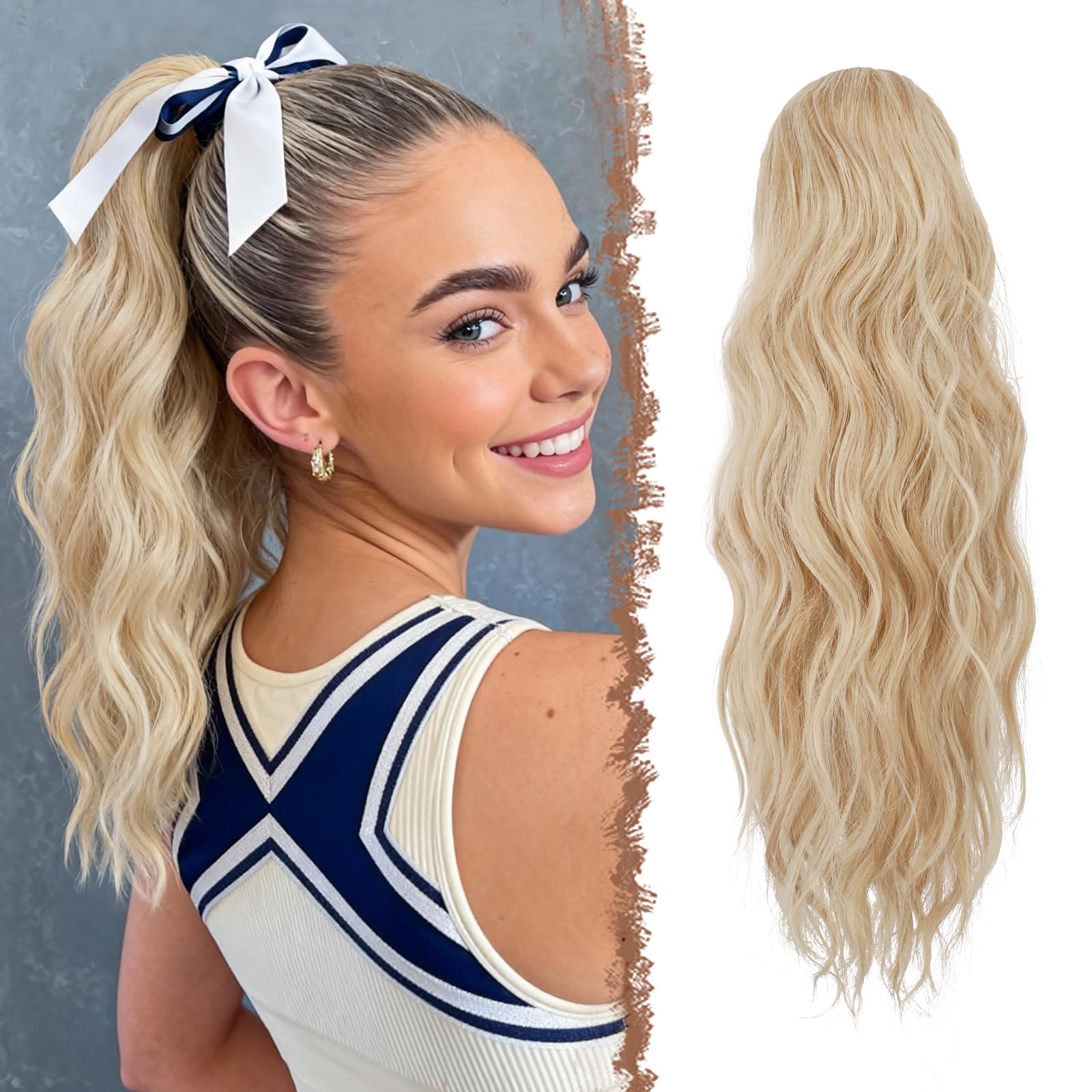 FESHFEN Ponytail Extensions, Drawstring Ponytails Hair Extension Honey Blonde Mix Platinum Blonde Long Curly Wavy Hair Piece Synthetic Pony Tail Hairpieces for Women, 18 inch