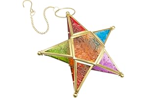 SMARTMAK Modern Morocco Metal Art Candle Holders, Star Colorful Glass Christmas Holiday Home Wall Decor Lantern for Mantel Patio Garden with Hanging Loop